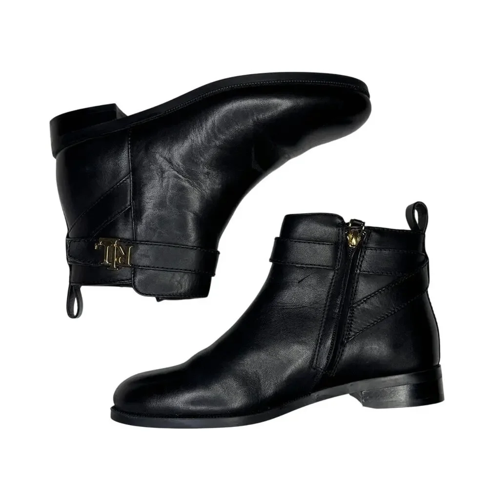 Lauren Ralph Lauren Bonne Black Leather Ankle Boots Size 6B